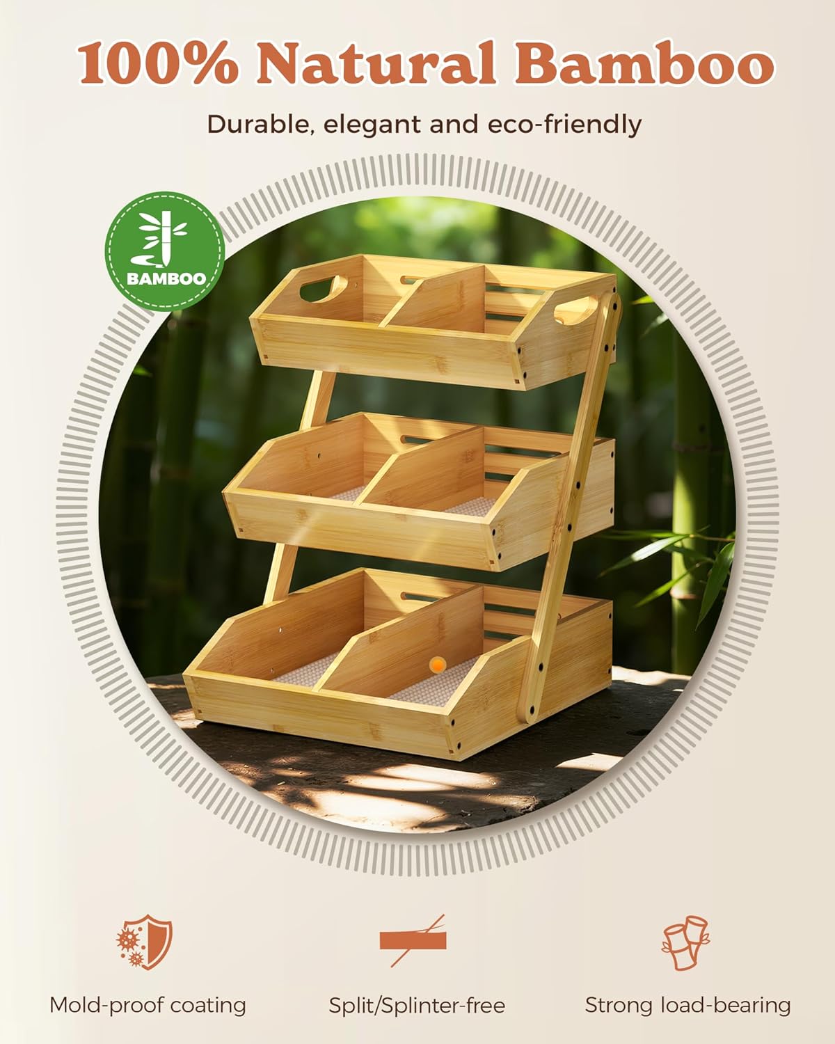 Sevenblue 3-Tier Bamboo Fruit Basket - Large Kitchen Counter Organizer with Banana Holders & Mats