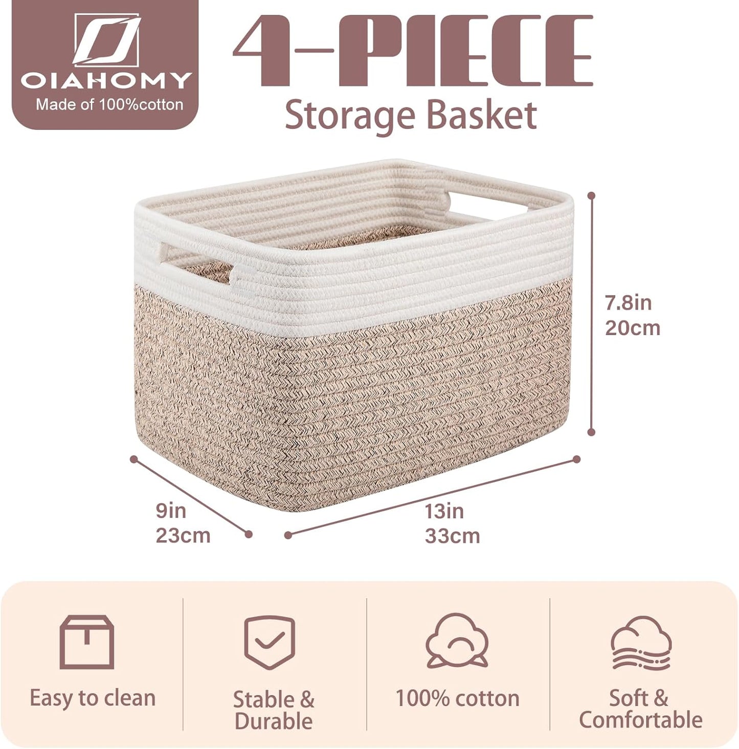 OIAHOMY Storage Baskets - 4 Pack Woven Cotton Rope Baskets for Organizing Toys, Towels & Books | 13" L x 9" W x 7.8" H, Brown & White