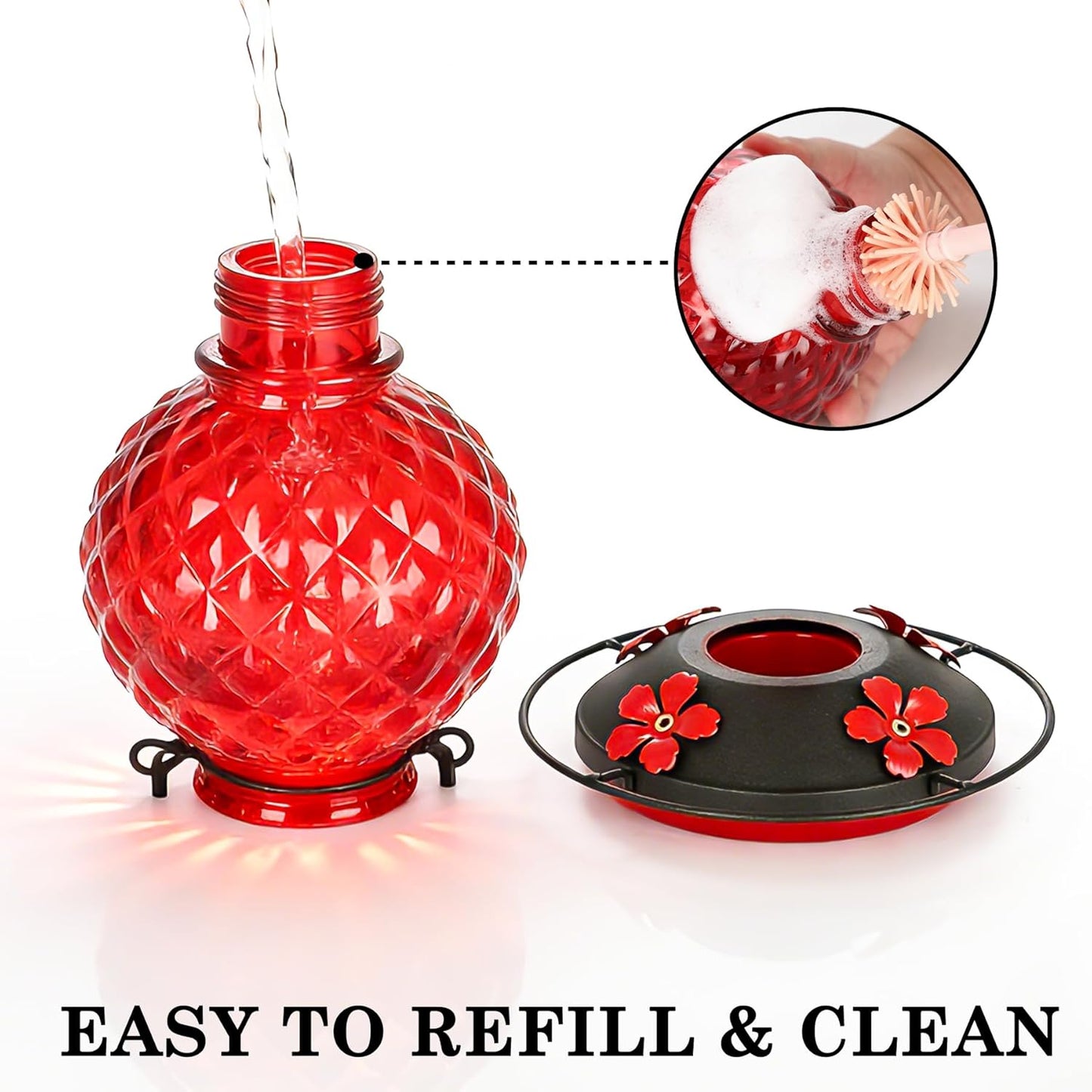 Skiennix 25 OZ Glass Hummingbird Feeder - Leak-Proof Design with Ant Moat & 4 Bee-Proof Ports | Red