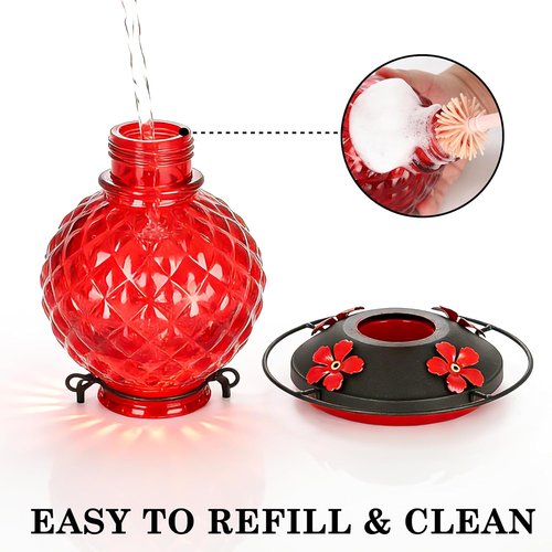 Glass Hummingbird Feeder - 25 OZ Outdoor Nectar Feeder with 4 Bee Guards & Ant Moat | 2 Pack, Red