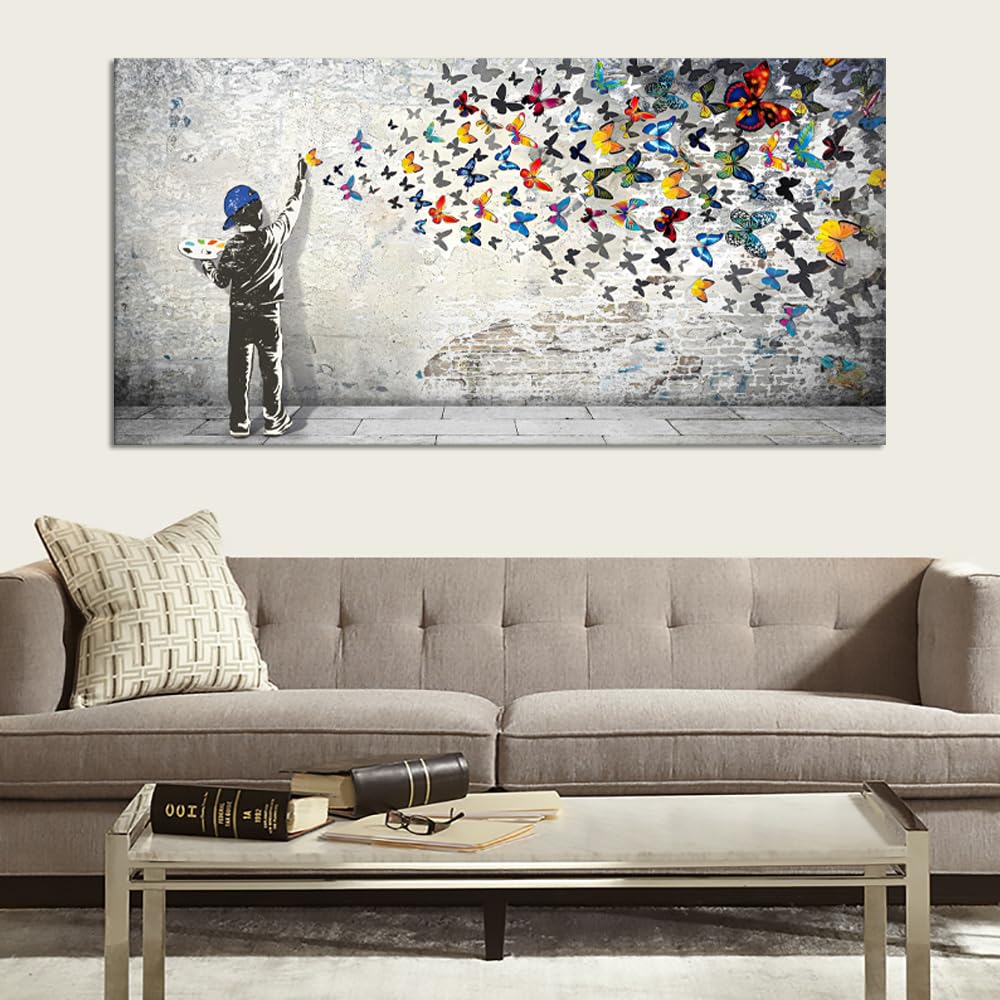 Home Decor Graffiti Canvas Wall Art for Living Room Boy Painting Butterflies Pictures Modern Street Graffiti Artwork Prints, Framed 48" x 24"