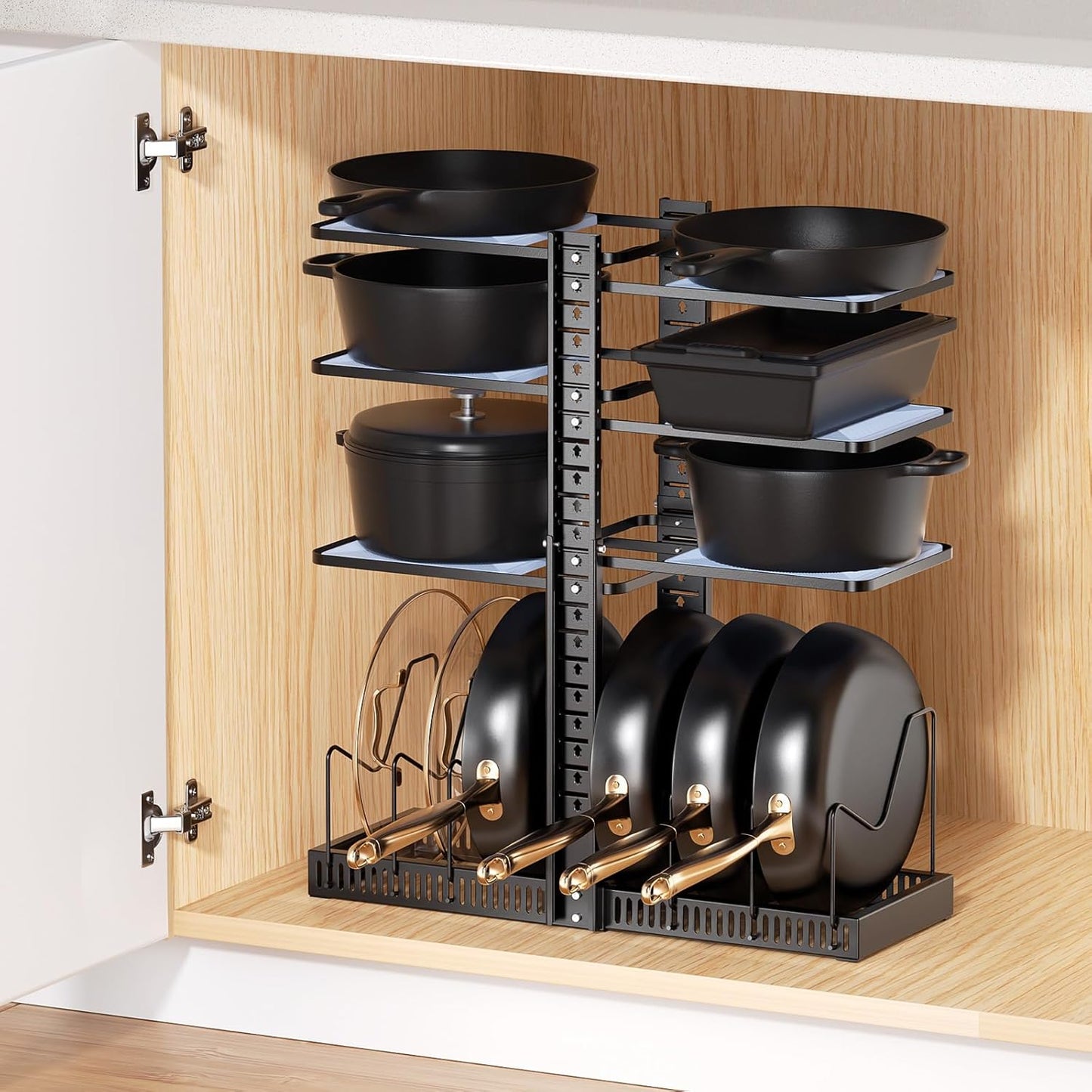 LAMU Pots and Pans Organizer - Expandable Under Cabinet Storage with 6 Adjustable Tiers | Holds 12 Cast Iron Cookware, Black