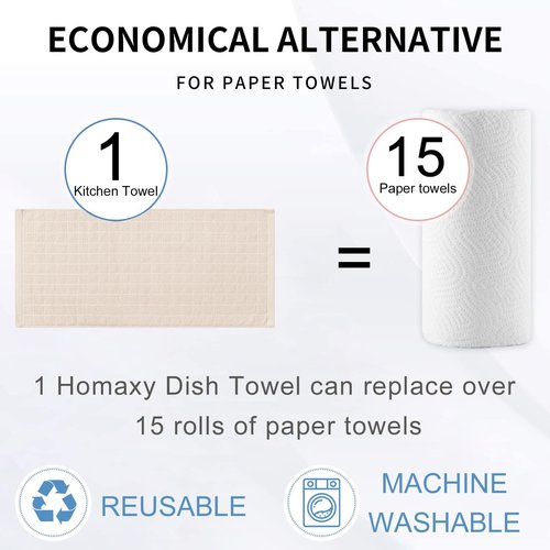 Homaxy 100% Cotton Terry Kitchen Towels(Beige, 13 x 28 inches), Checkered Designed, Soft and Super Absorbent Dish Towels, 8 Pack