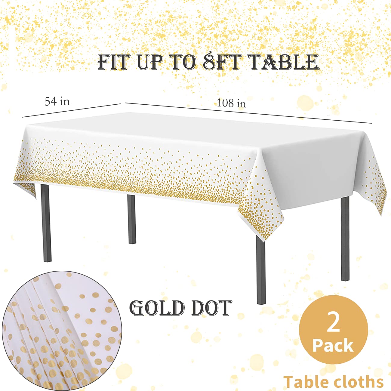 2 Pack White and Gold Tablecloth Disposable Gold Tables Tablecloths for Rectangle 54" x 108" Plastic Tablecloth Party Table Covers for Birthday Thanksgiving Christmas Wedding Outdoor BBQ (White)