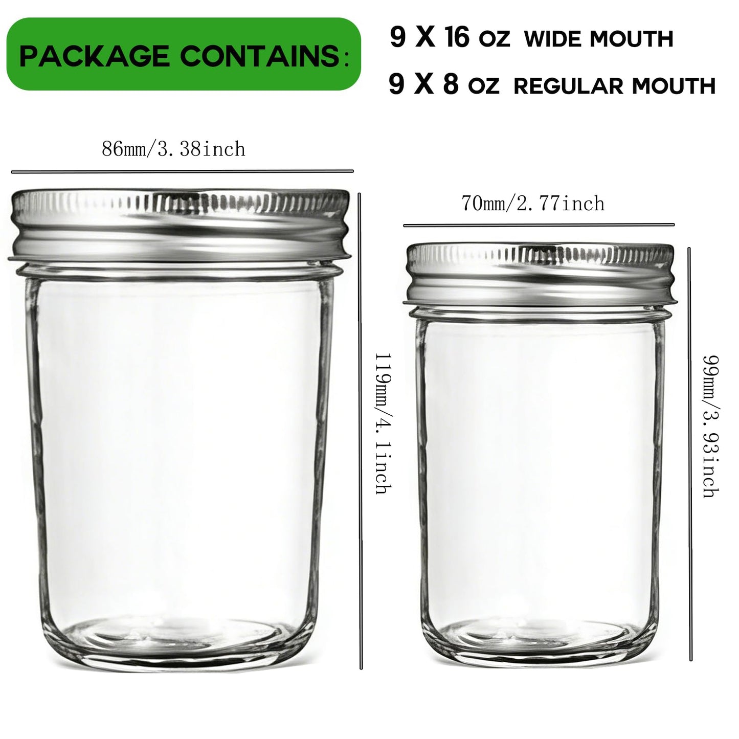 KISYONGUS 18 Pack Mason Jars, 16oz & 8oz Mason jars with Airtight Lids, Glass Canning Jars for Preserving, Jam, Kitchen Storage,Fermenting, Pickling, Freezing