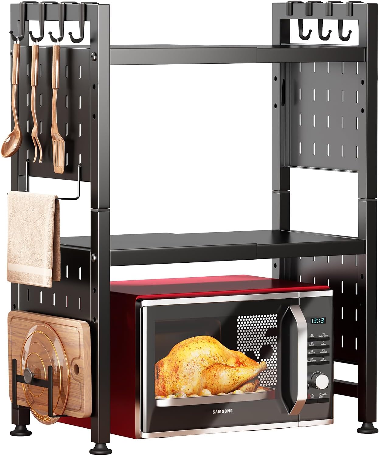 Microwave Stand - 3-Tier Expandable Heavy Duty Adjustable Shelf | Kitchen Organizer with Hooks & Cutting Board Holder, Black