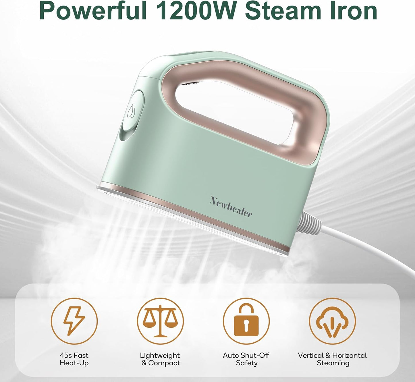 Newbealer Smart Steam Iron - 1200W Turbocharged with 3 Steam Modes, 45s Heat-Up, Nonstick Soleplate | 6oz Tank