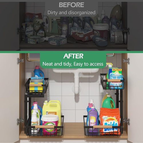 ADRIMER Under Sink Organizer - 2 Tier Pull-Out Kitchen & Bathroom Storage Shelf | Black, Set of 2