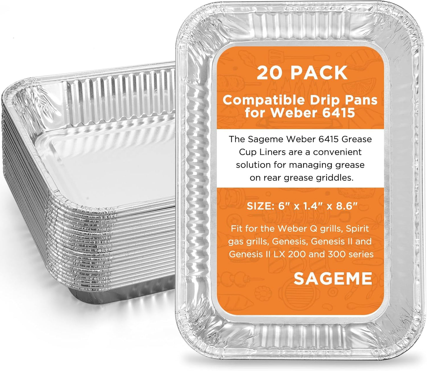 Weber - 20 Pack Drip Pans for Spirit, Q, Genesis & Genesis II Grills - Disposable Aluminum Foil Grease Trays (6 x 1.4 x 8.6 Inches)