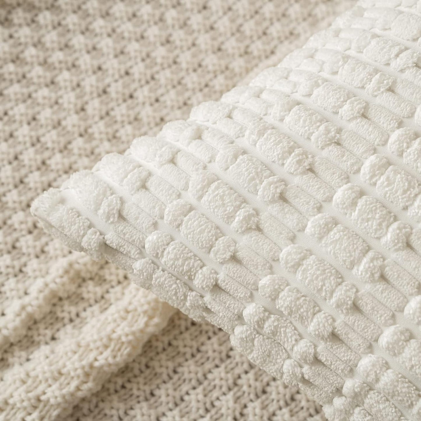 MIULEE Corduroy Throw Pillow Covers - Soft Boho Striped Design, 20x20 Inch, Pure White | Modern Farmhouse Decor
