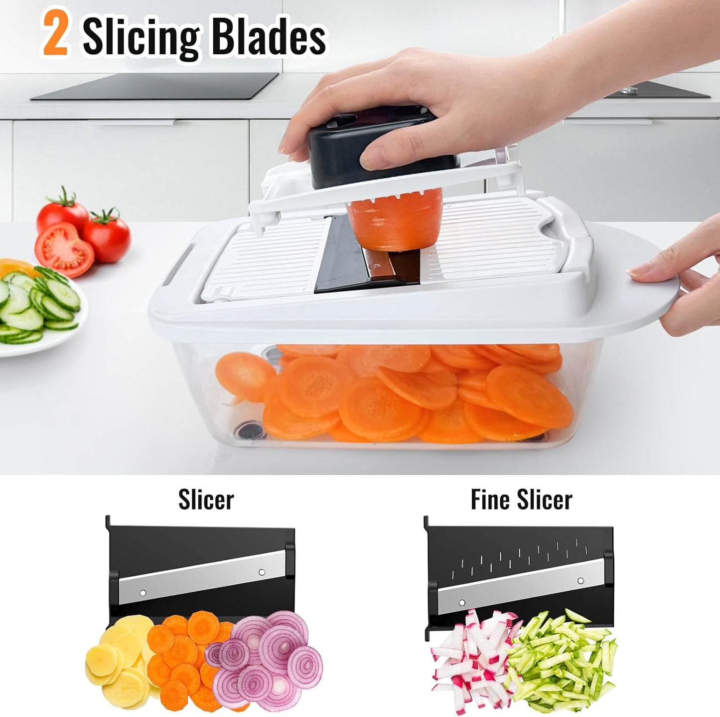 Skiennix 8-Blade Vegetable Chopper - All-in-One Mandoline Slicer with Container | White Kitchen Gadget