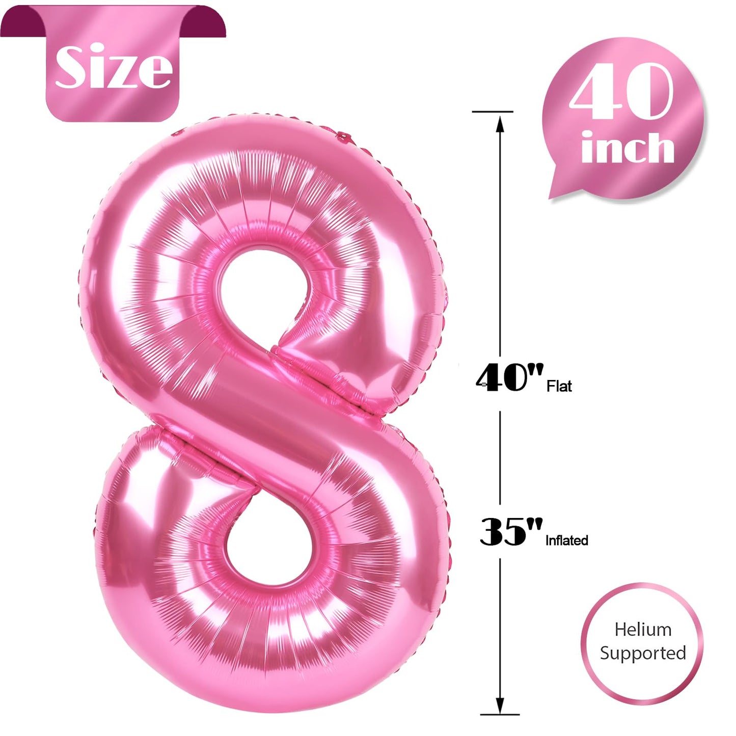 Pink 8 Balloon, Number Balloons 40 Inch, 8th Birthday Decorations for Girls, Birthday Balloons, Pink Party Supplies, Number 8 Balloon