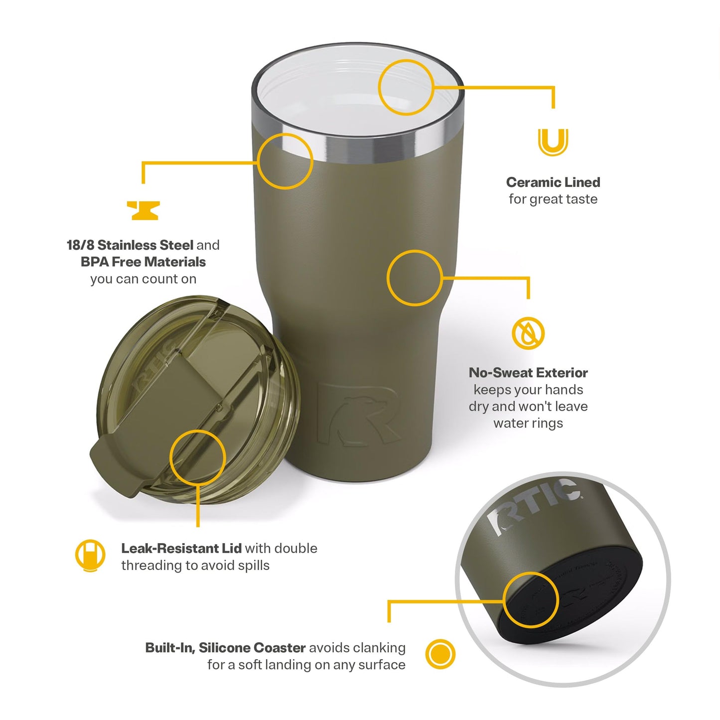 RTIC 20oz Essential Tumbler with Lid, Ceramic Lined, Insulated, Stainless Steel, Metal, Double Wall Vacuum-Insulation, Travel Cup for Iced Coffee, Tea, Hot and Cold Drink, Olive