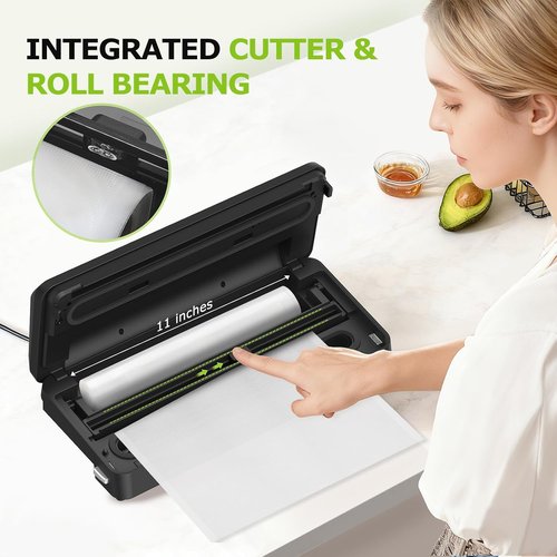Bonsenkitchen Vacuum Sealer Machine - Multifunctional Food Sealer with Built-in Cutter & 5 Pre-Cut Bags, Black