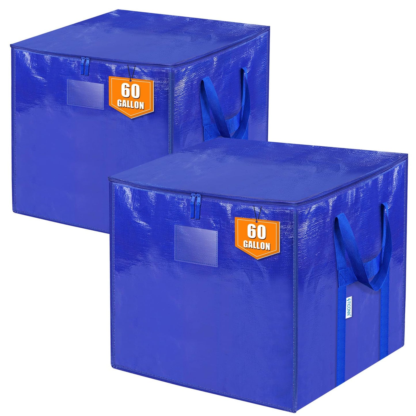 TICONN 2 Pack Extra Large Moving Bags with Zippers & Carrying Handles, Heavy-Duty Storage Tote Moving Boxes for Space Saving (2 PK, 60 Gallon)