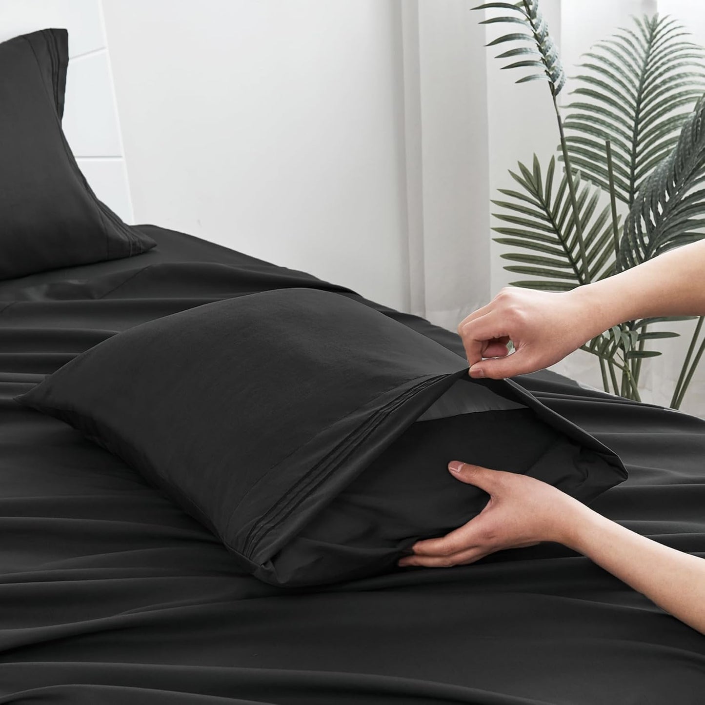 LINENLINE Full Sheet Set - Soft & Breathable Bamboo Rayon | 6-Piece Cooling Sheets, 16" Deep Pocket, Black