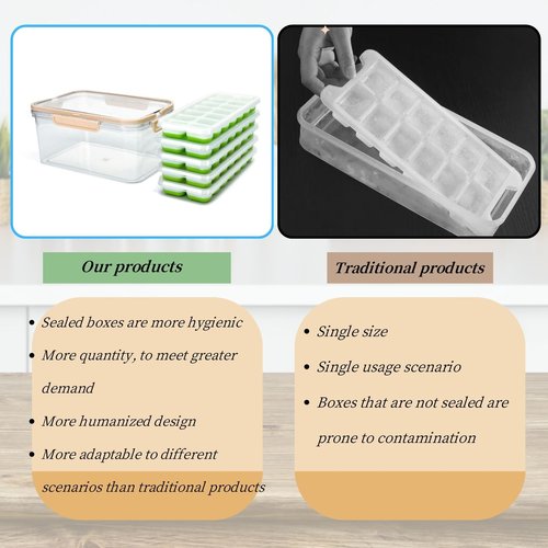 Food grade silicone,Ice Cube Tray with Lid and Bin, Ice Cube Pop Out Tray, Ice Cube Trays for Freezer，14 cube ice trays with lids and storage boxes(5 GREEN)