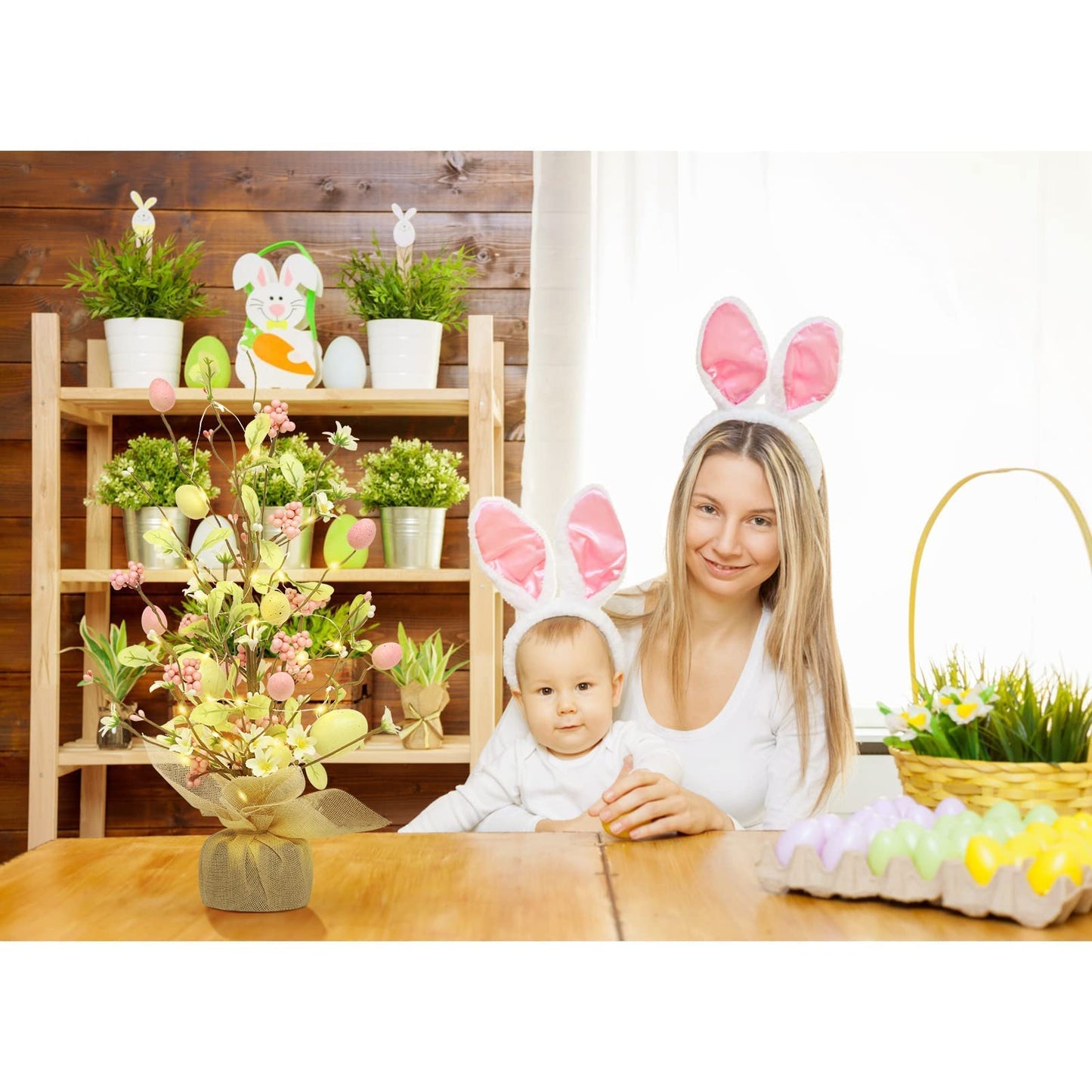 RoseCraft Easter Decorations, 18 Inch Pre-Lit Easter Egg Tree Tabletop Decor with Delicate Ornaments, for Home Party Wedding Holiday Spring Summer Decoration, Yellow/Pink.