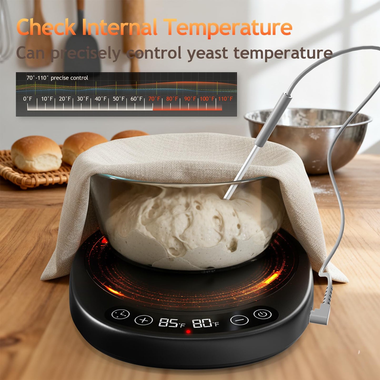 Pakusane SourKeeper, Larger 2-in-1 Sourdough Starter Warmer Pro - 2026 Upgrade Larger Heating Plate, Dough Temp Probe, 1°F Control (70–110°F), 24H Timer, Real-Time Monitoring Black