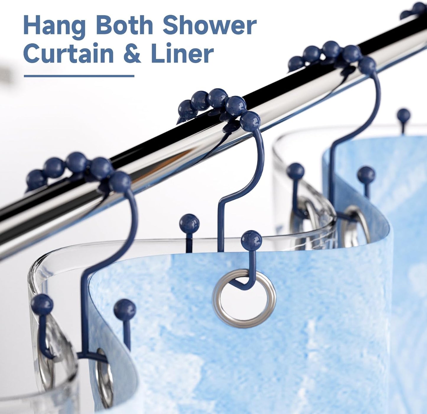 Titanker Shower Curtain Hooks - Rust-Resistant Metal Double Glide Design, Set of 12 - Navy Blue