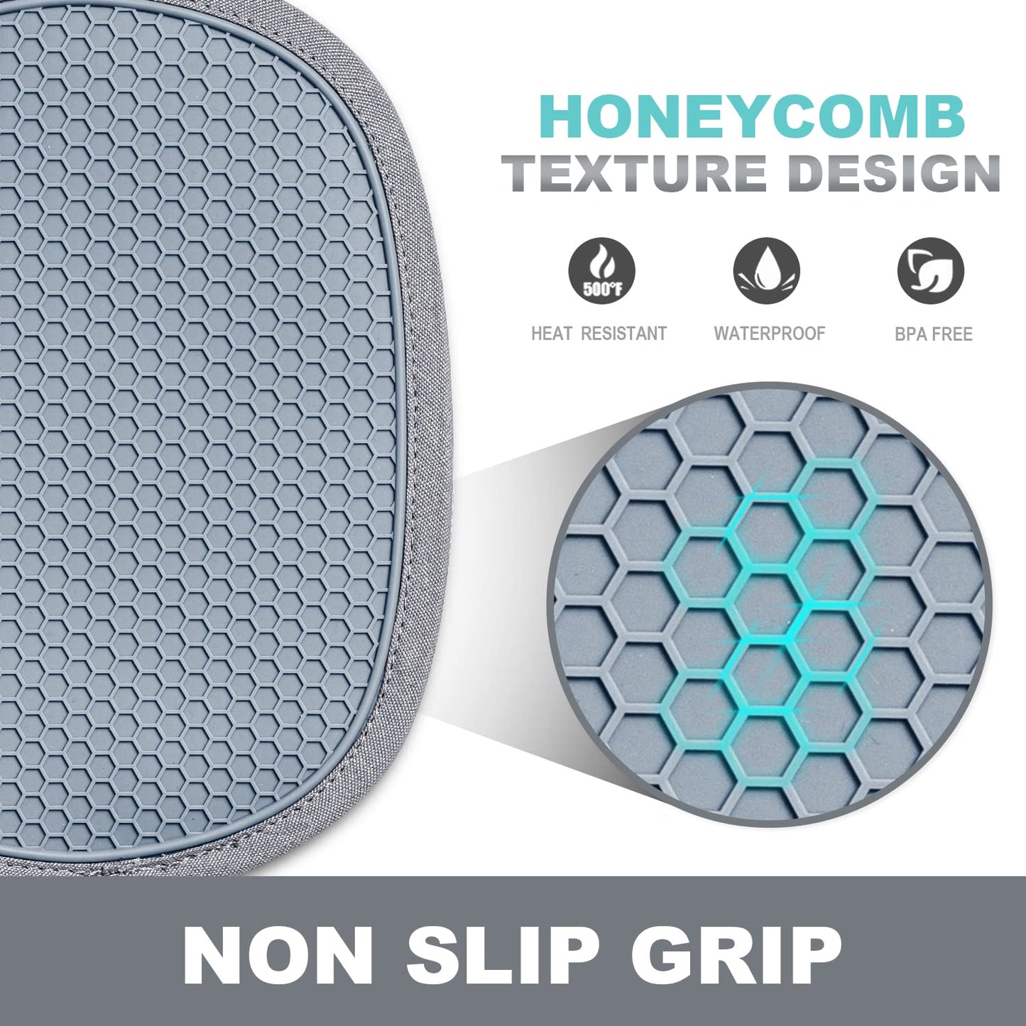 2-Pack Silicone Pot Holders for Kitchen Heat Resistant up to 500°F, Non-Slip Large Hot Pads with Pocket, Quilted Liner Trivets for Countertops Hot Pots and Pans (Gray)