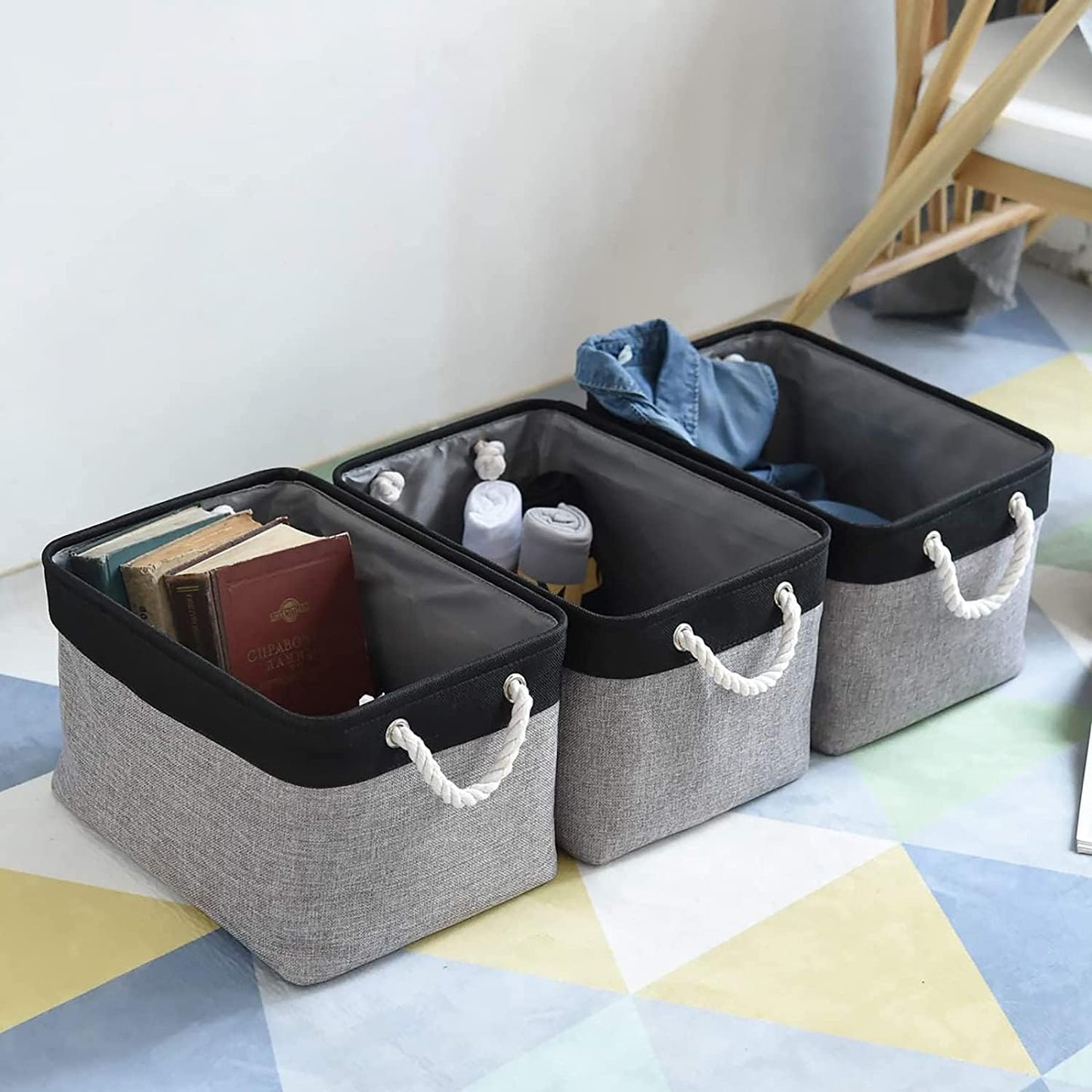 TheWarmHome Storage Basket - 16x12x8 Inch Fabric Organizer Bins for Shelves | Grey & Black