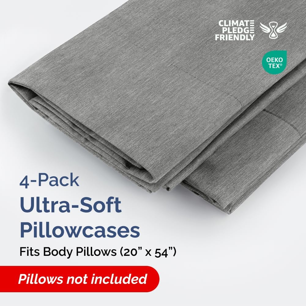 Skiennix Body Pillowcases Set of 4 | 20x54 Long Soft Covers for Side Sleepers - Comfy, Breathable & Fade-Free - Machine Washable in Heathered Grey