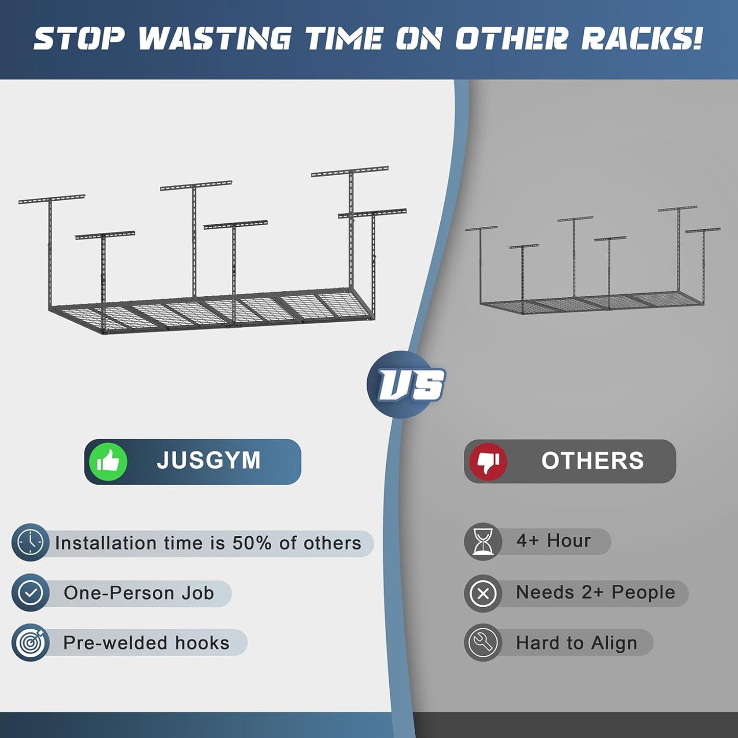 Jusgym Overhead Garage Storage Rack - Height Adjustable 26"-40" | Heavy Duty Metal, 750LBS Capacity