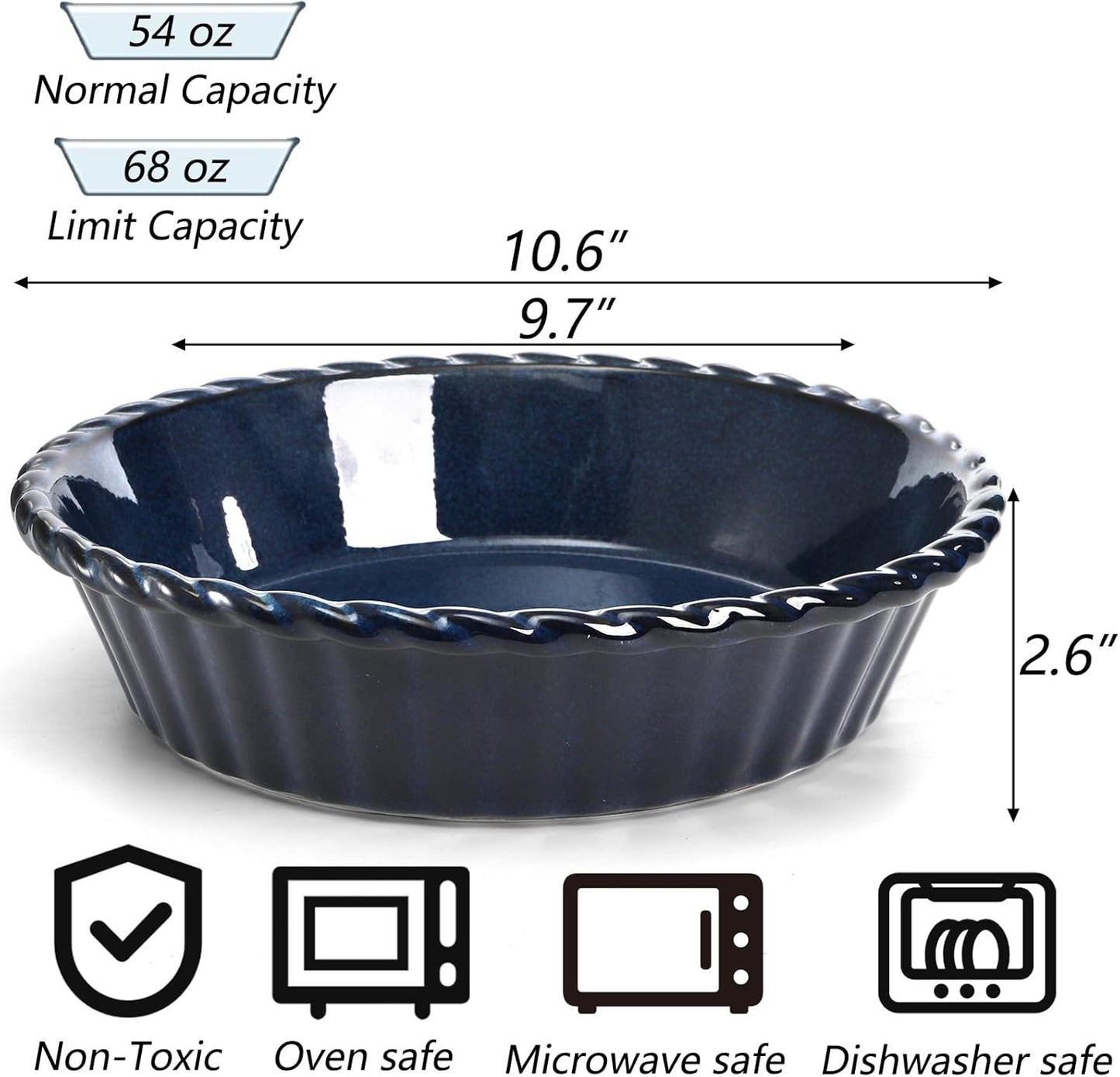 Peohud Ceramic Pie Pans - 10 Inch Deep Fluted Baking Dish | 54 Ounce for Quiche & Pies - Blue