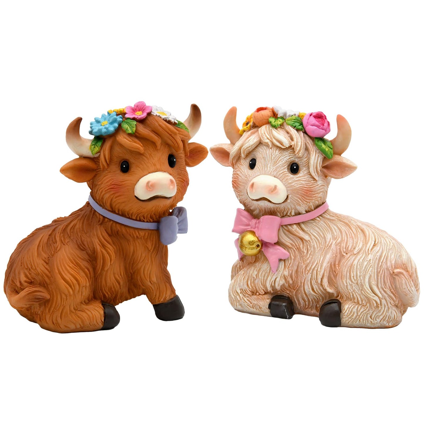 nuvagiki Highland Cow Decor Set of 2, Spring Farmhouse Highland Cow Figurines, Cute Cow Tiered Tray Decorations for Home Kitchen Table, Rustic Country Shelf Decor, Gift for Women