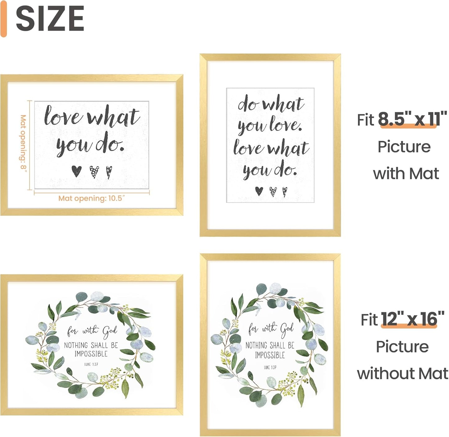 Upsimples 12x16 Picture Frame - Elegant Gold Wall Hanging Frame for 8.5x11 Photos with Mat