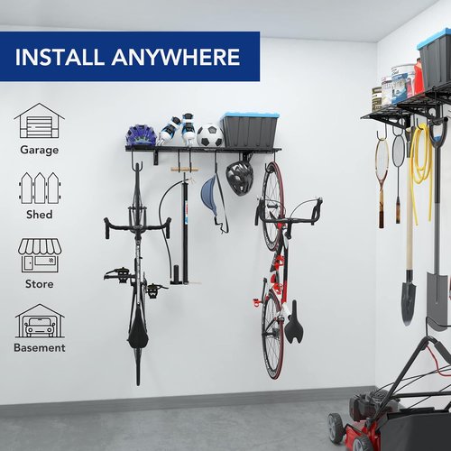 FLEXIMOUNTS Garage Wall Shelving - 1x4 Ft Storage Rack with 6 Bike Hooks | 150 lbs Capacity