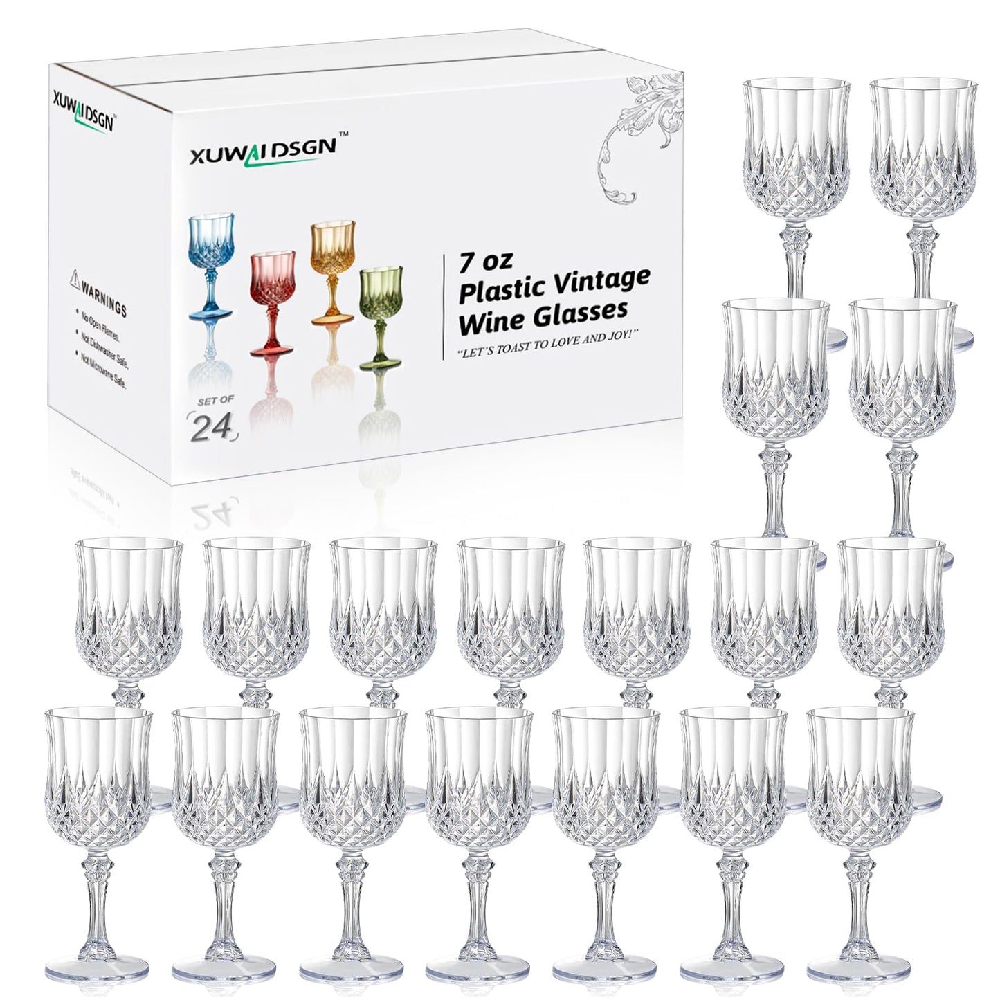 XUWAIDSGN 24 Pcs 7oz Plastic Vintage Wine Glasses Drinking Glasses Unbreakable Wedding Glassware Crystal Water Goblets Reusable Drinkware Vintage Champagne Flutes (24, Clear)