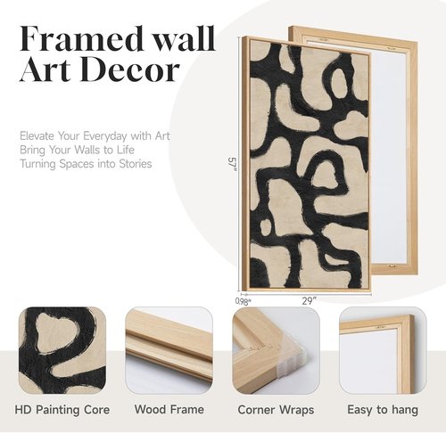 Framed Neutral Abstract Wall Art - Extra Large Black & Beige Canvas Print | Modern Mid-Century Decor 30x60 Inch