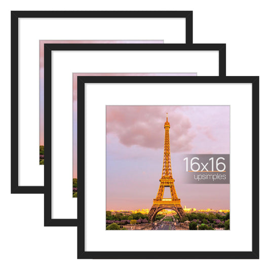 upsimples 16x16 Picture Frame Set of 3, Made of High Definition Glass for 12x12 with Mat or 16x16 Without Mat, Wall and Tabletop Display Photo Frames, Black