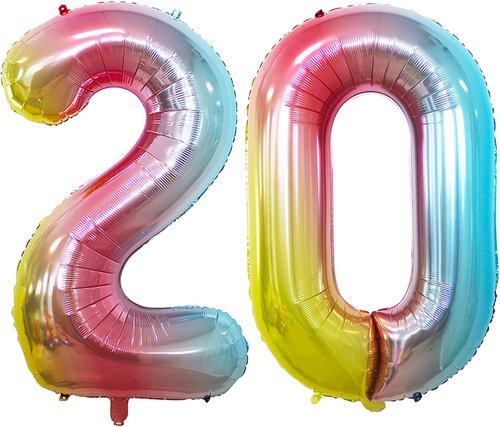 GOER 20th Birthday Balloons - 42 Inch Jumbo Rainbow Foil Helium Decorations for Anniversary Celebrations