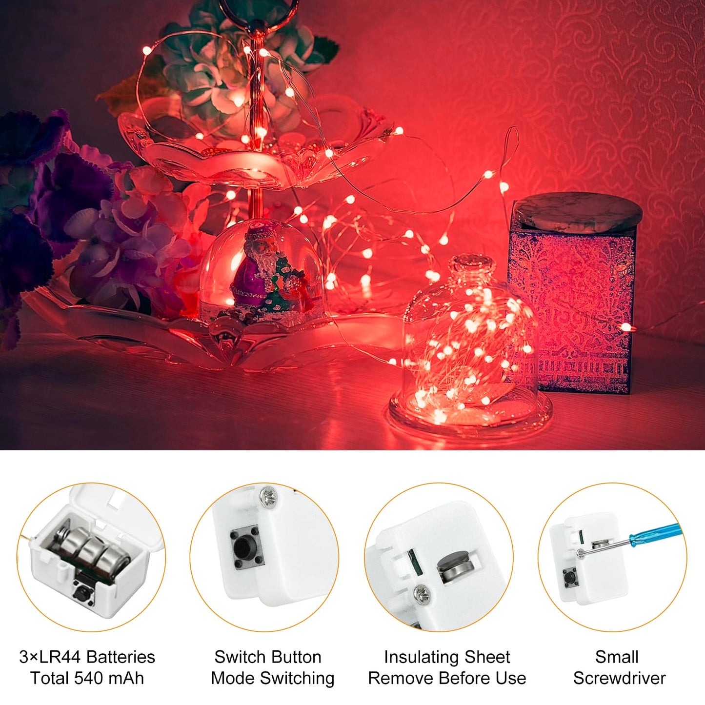 btfarm 6 Pack Fairy Lights Battery Operated [3 Modes], 7ft 20 Led Twinkle Lights String Lights Waterproof Bulk Small Mini Silver Wire for Christmas Mason Jars Wedding Table Centerpiece, Red