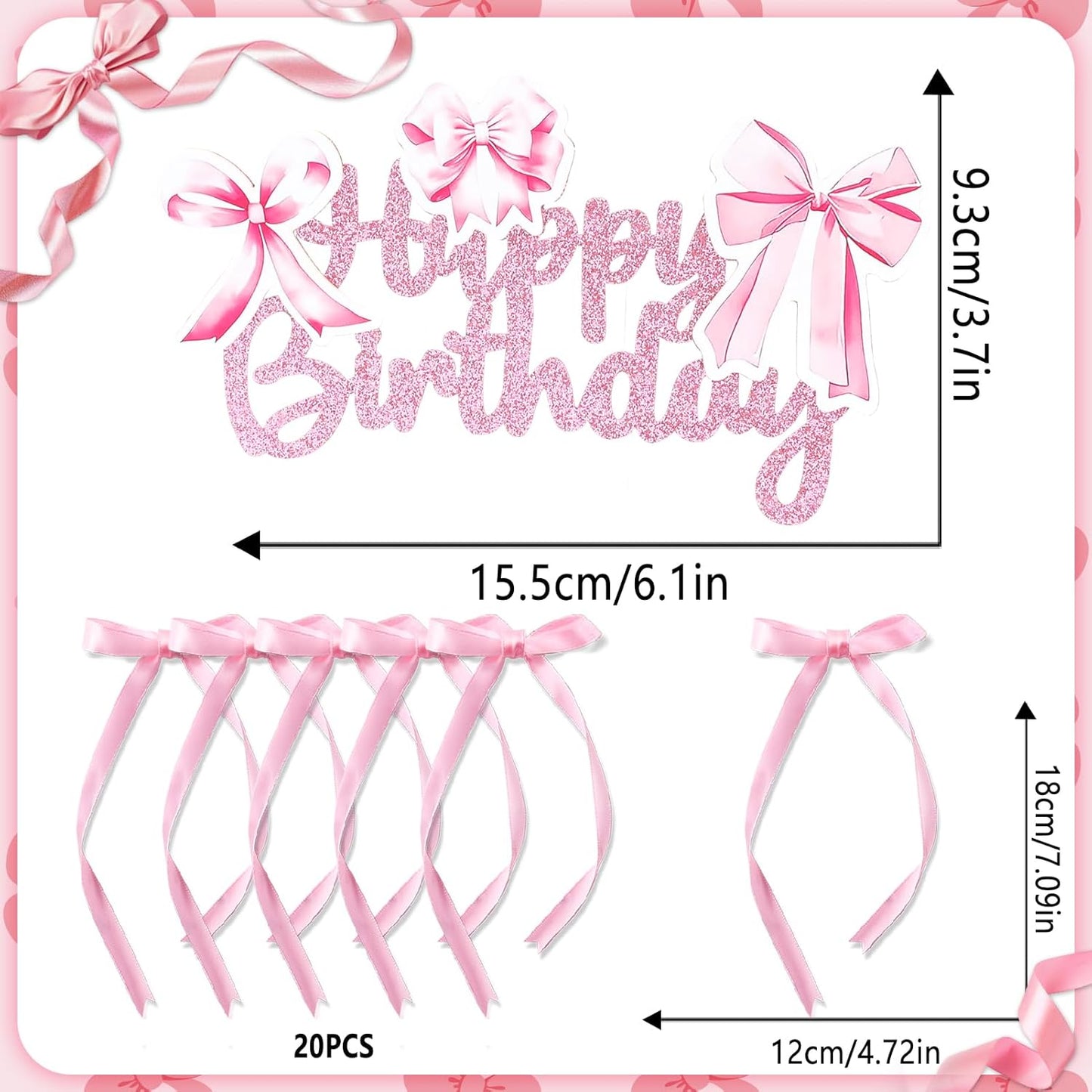 Tmtains 21-Piece Bow Cake Topper Set - Pink Coquette Birthday Decorations | Glitter Happy Birthday Sign & Cupcake Toppers