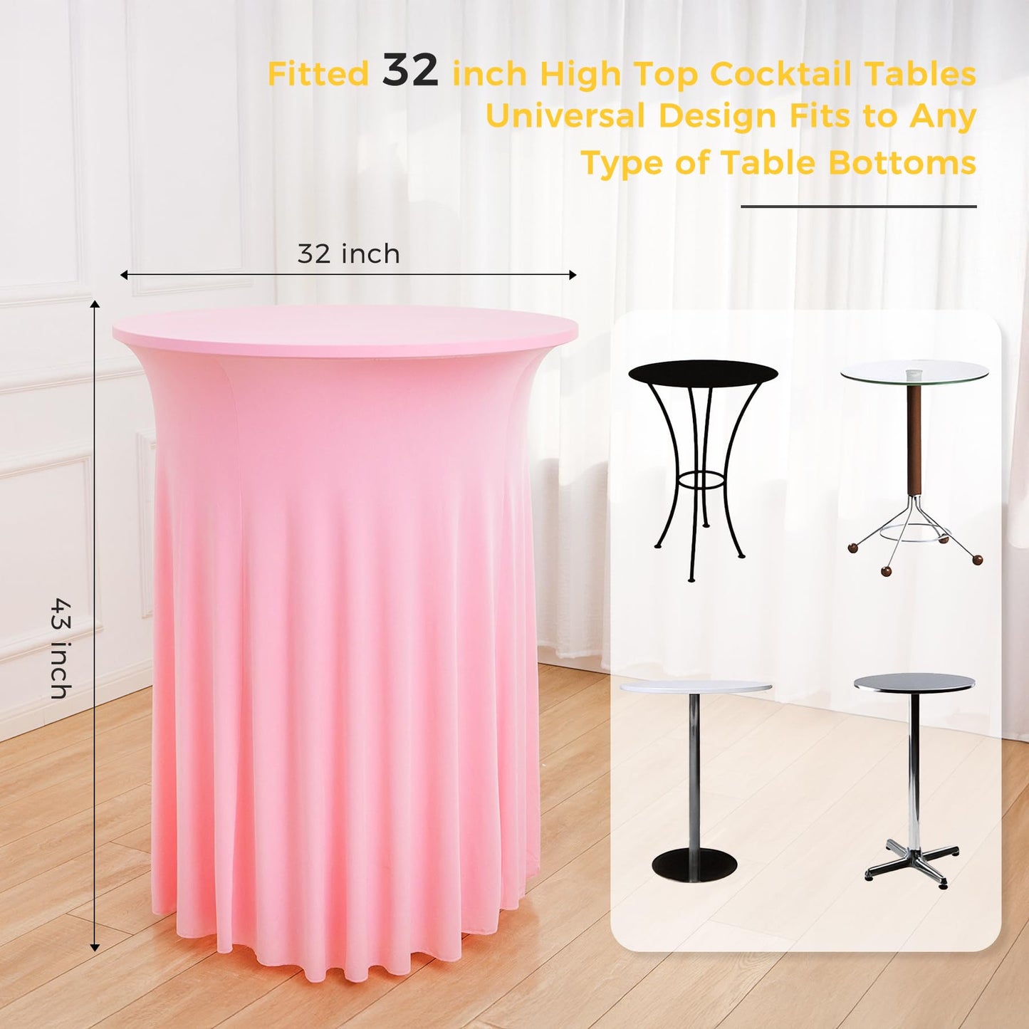 4 pk Pink Round High Top Cocktail Table Cloths 32inch×43inch, Wrinkle Free Stretchy Fitted Highboy Spandex Cocktail Tablecloth Table Covers with Pleats Skirts for Party Wedding Banquet Bar