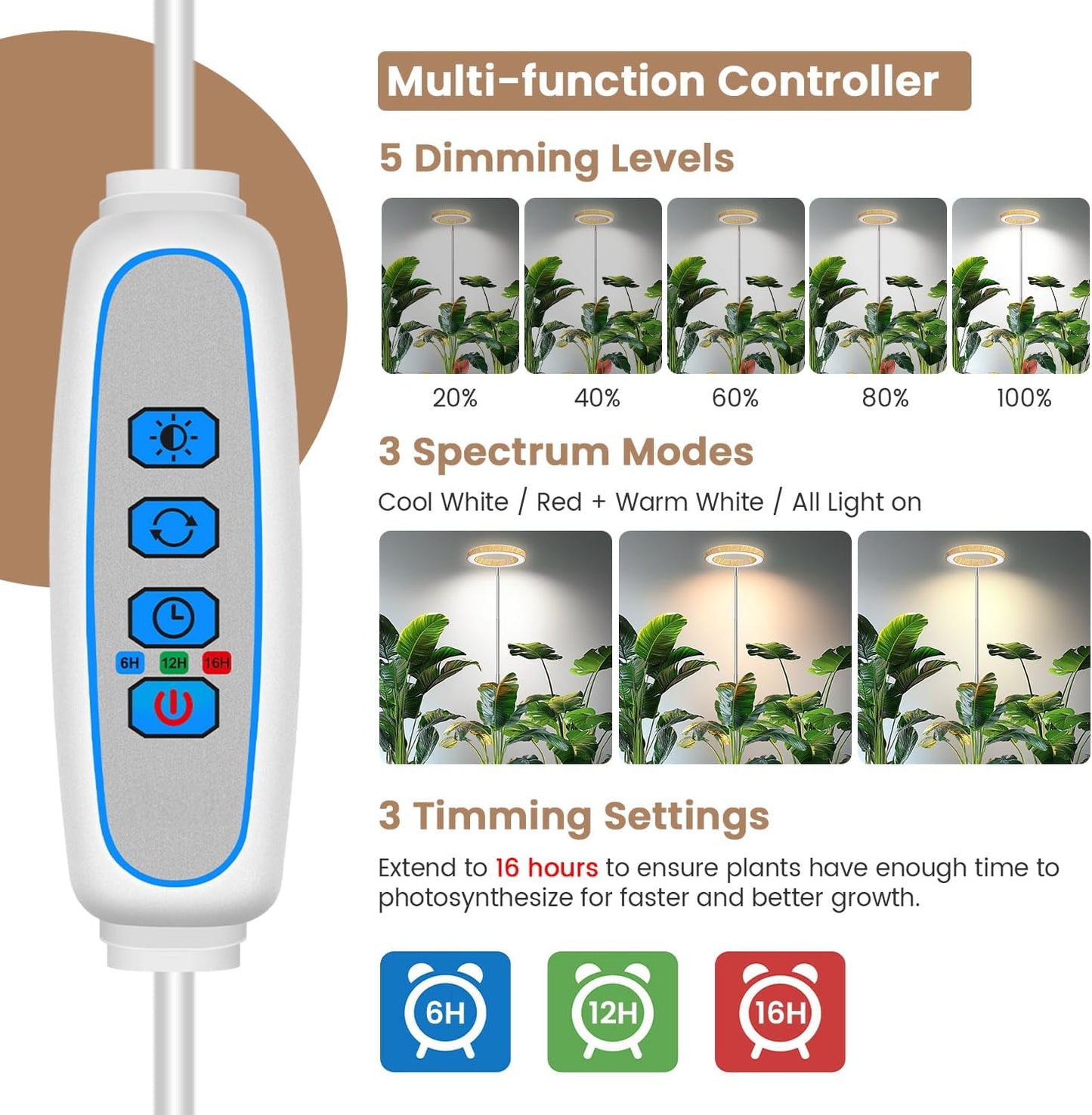 Kullsinss Grow Lights - Full Spectrum Indoor Plant Lamp with Timer & Adjustable Height | 3 Color Modes, 5 Brightness Levels
