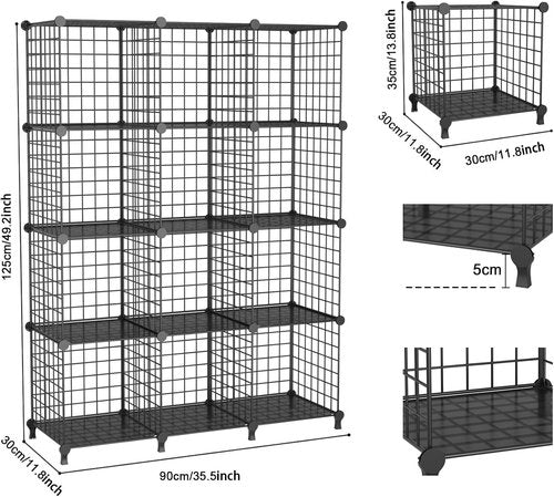 ATTJL12B - 12-Cube Storage Organizer | Metal Wire Shelving Unit for Modular Grid Bookshelf - Black, 11.8" L x 11.8" W x 11.8" H