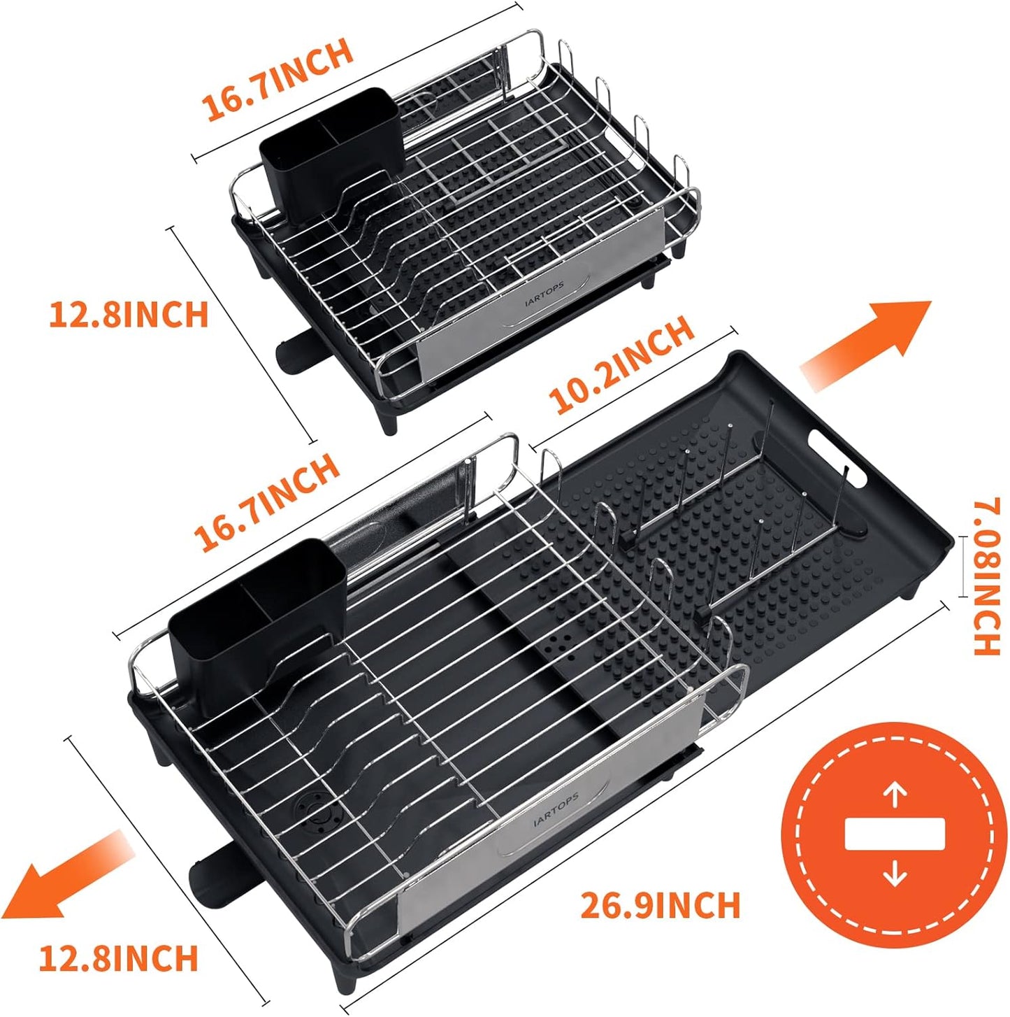 Skiennix Dish Drying Rack - Expandable Stainless Steel Strainer with Drainboard | Large Capacity, Glass & Utensil Holder