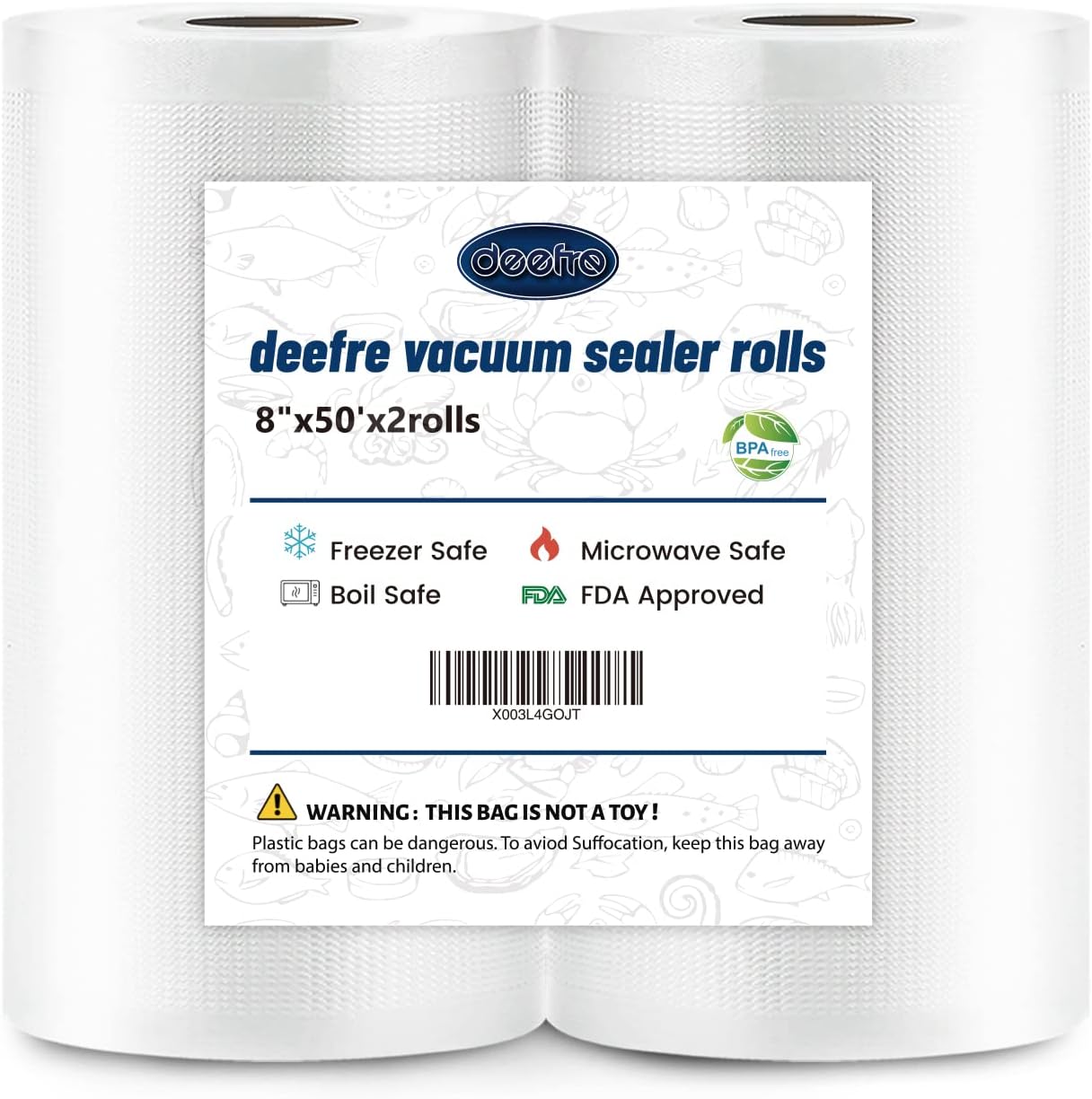 Vacuum Sealer Bags - Skiennix 2 Rolls 8"x50' Heavy Duty BPA-Free Food Saver Bags for Meal Prep & Storage