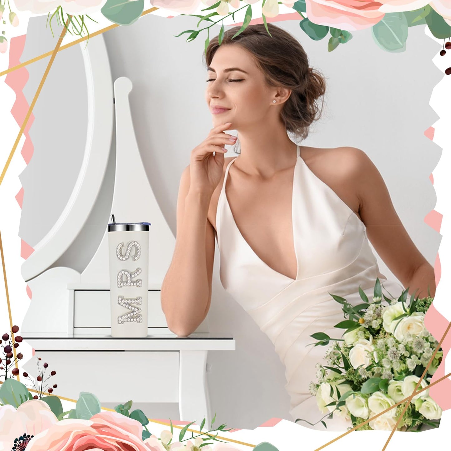 Zhehao Bride Cups Tumbler 20 oz Bachelorette Gift for Bride Tumblers Stainless Steel Mrs Cup with Lid Straw Bridal Gifts Mrs Water Bottle for Bridal Shower Engagement Party(White,Pearl)