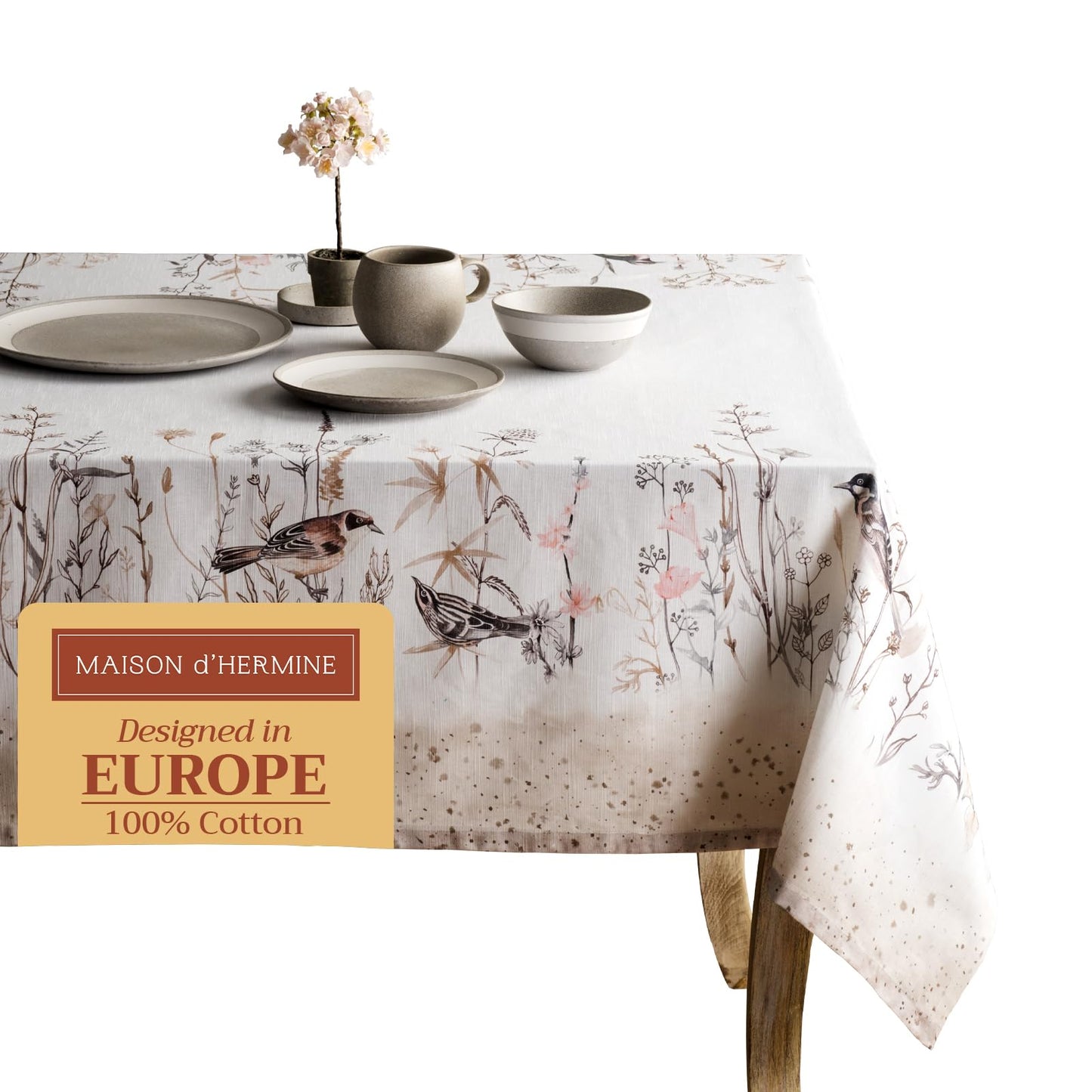 Maison d' Hermine Table Cloth Square Table 100% Cotton 54 x 54 Inches Tablecloth Reusable Decorative for Dining Kitchen Room Farmhouse Home Gifts for Mothers day Spring Summer - Meadow Florals - Brown