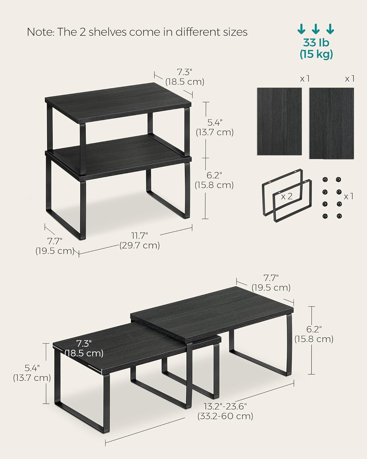 SONGMICS Kitchen Organizer Shelf Set - Stackable & Expandable Spice Rack | Metal & Engineered Wood, Ink Black & Ebony Black