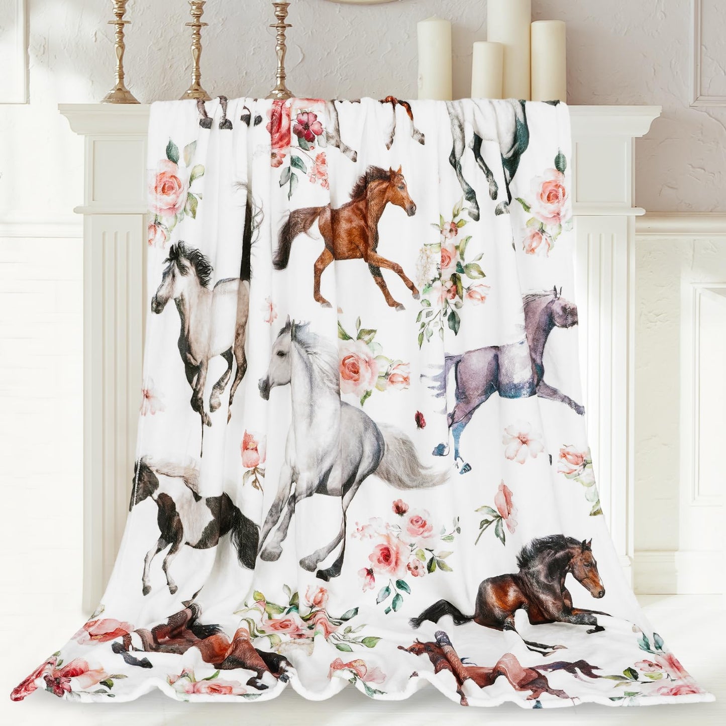 JarThenaAMCS Floral Horse Fuzzy Blanket 60 x 50 Inch Farmhouse Throw Blanket Watercolor Flower Cow Soft Cozy Flannel Blankets for Home Chair Sofa Couch Bed