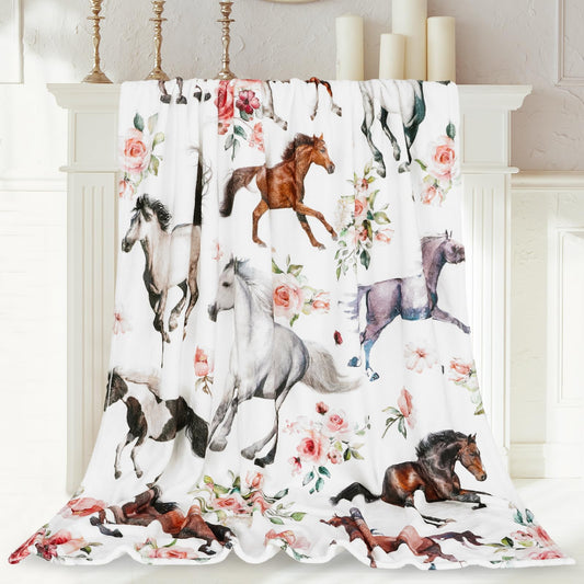JarThenaAMCS Floral Horse Fuzzy Blanket 60 x 50 Inch Farmhouse Throw Blanket Watercolor Flower Cow Soft Cozy Flannel Blankets for Home Chair Sofa Couch Bed