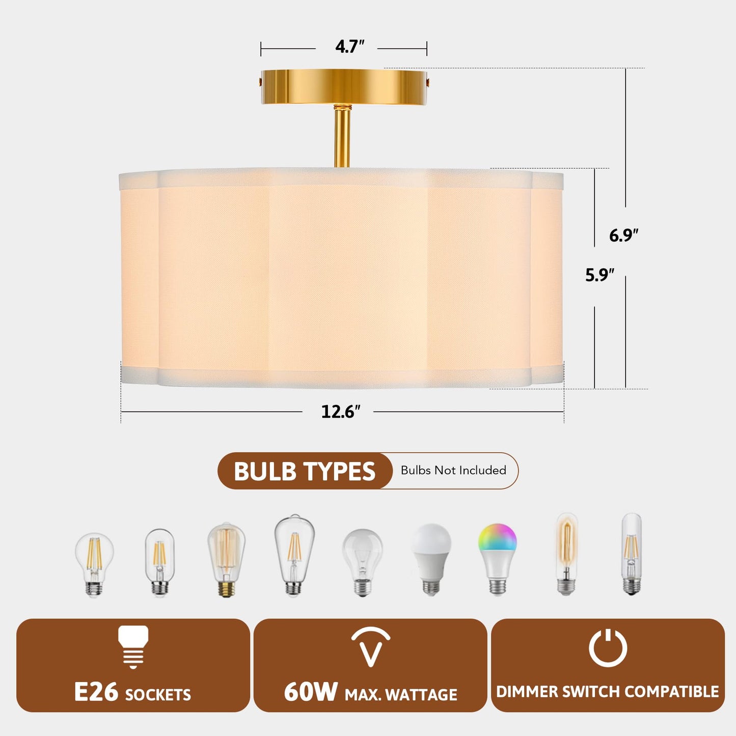 VONLUCE Semi Flush Mount Ceiling Light, 13'' Ceiling Light Fixture with Flower-Shaped Fabric Shade, 3-Light Modern Light Fixture for Bedroom Living Room Nursery Hallway, White Shade & Gold Finish