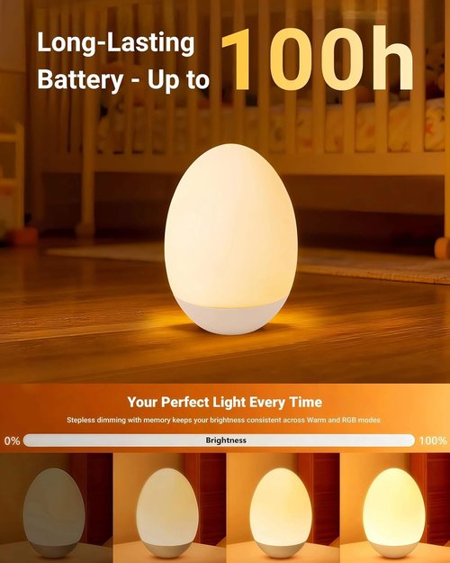 Egg Baby Night Light - Portable Touch Lamp with 7 RGB Colors & Stepless Dimming | Rechargeable BPA-Free Silicone for Nursery & Kids